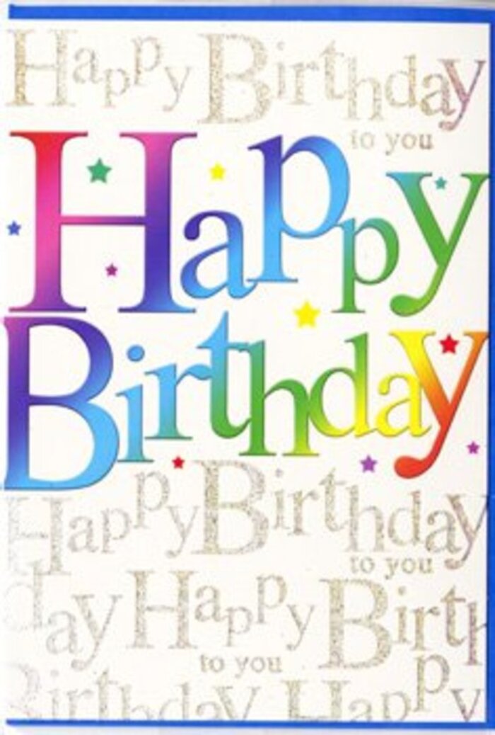 In this image, the birthday card's front appears almost like a miniature celebration, alive with layers of colour and subtle sparkle that evoke the cheerful atmosphere of a busy morning in Leatherhead. The headline message, Happy Birthday, is printed in large, rounded letters that stretch proudly across the centre. Instead of a flat colour, each letter is painted with a soft, airbrushed gradient that eases gracefully through the spectrum-from deep, juicy reds and pinks into cool indigo, sky blue, and teal, then on towards lively greens and ending in warm, golden yellows. The result is reminiscent of a row of mixed flowers arranged by shade, each hue bleeding softly into the next. Around the central message, small flecks and tiny star-like shapes in assorted colours are sprinkled across the surface, suggesting confetti, sugar sprinkles, or even the playful scatter of petals on a celebration table. Behind all of this, a layer of fine gold script repeats the phrase Happy Birthday to you in delicate cursive, forming a glistening backdrop. The metallic gold ink catches the light at different angles, much like sunlight sparking off shop windows near the Swan Centre, giving the design a refined, almost musical rhythm to match its visual chorus of repeated words. The cardstock looks smooth and slightly glossy, with enough sheen to make the gold and rainbow tones stand out clearly without appearing too flashy. The overall impression is bright yet thoughtfully composed-a card you could happily pair with a vibrant bouquet delivered anywhere in Leatherhead, conveying the sense that the recipient's special day truly deserves colour, warmth, and a touch of elegance.