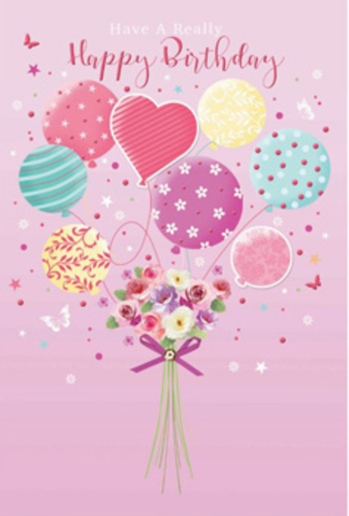 There is a sense of gentle jubilation in this birthday illustration, as if the spirit of a celebration in Leatherhead has been painted into the sky. The background is a soft, rosy pink, calm and comforting, against which a cluster of pastel balloons appears to float effortlessly upward. The balloons are brushed in pale sunshine yellow, fuchsia-tinged pink, mint green, and soft lavender, each adorned with its own joyful pattern-swirling ribbons, playful polka dots, and dainty floral shapes that add rhythm and visual music. A heart-shaped balloon occupies the centre, subtly glowing with affection and giving emotional focus to the design. Anchoring this airy display is a hand-tied bouquet at the base, filled with petite roses and daisy-like blooms whose velvet petals shift softly from cream to rose, as though kissed by morning light over the nearby Surrey Hills. The blossoms are clustered closely, creating a sense of abundance and softness, with hints of greenery peeking through to provide depth. A sparkling purple satin bow gathers the stems, the ribbon's sheen catching highlights that echo the gentle shine on the balloons above. Around the central motif, tiny butterflies hover and small star shapes twinkle, as if suspended in time, suggesting a moment of pure birthday magic. The lighting feels delicate and diffuse, adding a realistic glow to each curve and petal, much like soft daylight through a window overlooking Leatherhead's quiet residential roads. This illustration evokes the care and artistry of a skilled local florist, transforming a simple birthday greeting into a heartfelt, uplifting gesture.
