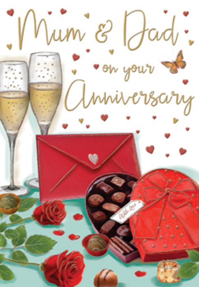 Luxurious and sentimental anniversary card illustration presenting a romantic still life that captures the spirit of a cherished partnership in Leatherhead. In the foreground, two richly coloured red roses lie side by side on a flat surface, their petals plush and slightly ruffled at the edges, each curl and fold carefully shaded to convey depth and softness, as if freshly arranged by a skilled local florist. Their accompanying greenery, a spray of deep green leaves, frames the blooms and adds a sense of natural abundance. To one side, an open heart-shaped box of chocolates is artfully displayed, the interior divided and filled with an assortment of round and square truffles, tinted in velvety browns that suggest layered flavours and creamy centres. Draped across the lid is a generous red satin bow, its loops full and slightly reflective, capturing hints of light that echo the roses' intense colour. Standing tall just behind the flowers, two elegant champagne flutes are filled with a pale golden drink that sparkles with fine bubbles, frozen mid-rise as though in the instant before a shared anniversary toast. Around the central arrangement, delicate red and gold hearts and subtle shimmering accents float against a soft background, embracing an affectionate, hand-lettered message for parents. In front, a scarlet envelope sits neatly, hinting at heartfelt words-perhaps written after a quiet walk through Leatherhead's parks or after an evening meal at home. The overall composition glows with warmth and intimacy, blending the visual richness of roses, chocolates, and champagne into a tender tribute to enduring love, the kind of milestone families in Leatherhead mark with thoughtful gestures and time spent together.