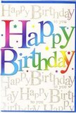 The birthday card in the picture is a bright, joyful piece of design that feels right at home with the welcoming character of Leatherhead. Dominating the front, the phrase Happy Birthday is written in big, soft-edged letters that appear almost cushioned, giving the words a friendly, approachable feel. Each letter is filled with a smooth gradient that travels through a rainbow of colour-starting from bold red and raspberry tones, passing through royal purple and rich blue, then moving into sea-green and fresh grassy shades, before settling into warm yellows and soft orange. The effect is as if a cluster of colourful balloons or a mixed bouquet had been distilled into lettering. Around this central greeting, tiny coloured dots and star-shaped accents are scattered lightly, like confetti gently floating down. Behind the main text, an intricate layer of handwritten gold script repeats Happy Birthday to you in looping, elegant curls. This metallic writing forms a shimmering pattern that glows quietly when it catches the light, bringing a sense of sophistication beneath the playful front. The background text feels like a soft echo of well-wishers, similar to hearing overlapping birthday toasts in a cosy Leatherhead living room. The surface of the card appears smooth with a slight gloss, suggesting a quality print that feels pleasant to touch. Overall, the design balances vivid fun with a refined golden undertone, making it suitable for milestone birthdays and simple celebrations alike-a perfect companion piece to a colourful bouquet being delivered across Leatherhead to mark someone's special day.