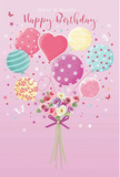This birthday design unfolds like a sweet daydream, reminiscent of a joyful celebration in Leatherhead shared with close friends and family. The scene is framed by a soft pink background, which gives everything a warm, gentle glow. Rising from a hand-tied bouquet at the base, a playful gathering of pastel balloons drifts upward, their rounded forms rendered in delicate blush, mint, lemon, and lavender tones. Each balloon has its own whimsical personality: some are wrapped in candy-striped bands, others are dotted with tiny spots or swirling patterns, and at the centre, a heart-shaped balloon radiates affection, like a loving message carried above the High Street. Below, the bouquet itself is brimming with delicate roses and anemone-like blossoms in creamy ivory, blush pink, and soft mauve. The flowers are packed closely together, creating a lush, cushiony effect, their feathery petals layered with fine shading that suggests real-life texture. Slender stems are drawn together and finished with a violet satin bow, its surface catching the light in gentle highlights that complement the glossy shine of the balloons. Scattered around the composition, miniature stars and fluttering butterflies add a hint of fairy-tale wonder, as though the whole scene were dusted with birthday magic. The mood is airy, sweet, and celebratory, with an imagined soft fragrance of fresh blooms drifting through the air-just the kind of thoughtful, uplifting design you might choose to accompany a birthday flower delivery to a loved one in Leatherhead, bringing colour, warmth, and a sense of occasion into their home.