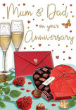 Romantic anniversary card design portraying a carefully composed celebration tableau that feels deeply personal, ideal for honouring Mum & Dad in Leatherhead. At the centre of the image, two lush red roses lie gracefully on a tabletop, their petals full and velvety, with subtle gradations of colour that give them volume and a lifelike, freshly picked quality. Dark green leaves spread around the blooms, grounding them and adding contrast, much like the foliage in a hand-tied anniversary bouquet prepared for delivery across Leatherhead and nearby villages. To the side, an open heart-shaped box reveals a tempting collection of chocolates, each piece nestled snugly into its compartment, with gentle highlights that convey their smooth, indulgent surface. A broad red ribbon encircles the box, tied into an opulent bow with trailing ends that curve elegantly across the lid. Behind this inviting arrangement, two tall champagne flutes stand close together, their slender stems and narrow bowls filled with sparkling golden fizz, bubbles rising in delicate streams that suggest the sound of a soft clink when glasses meet. Around them, tiny hearts in shades of crimson and gold drift across a softly lit background, framing a handwritten-style anniversary greeting that feels intimate and loving. At the foot of the scene, a bright scarlet envelope rests, neatly sealed and slightly angled, hinting at loving messages and family memories shared within a Leatherhead home. The entire composition is suffused with warm light, giving the impression of a cosy evening celebration where flowers, chocolates, and champagne become a gentle, heartfelt way to say thank you for years of shared life and unwavering love.